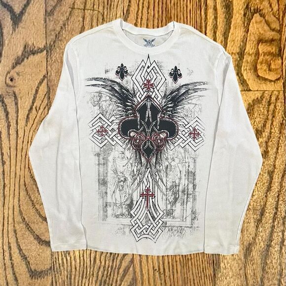 Y2K Grunge Affliction Style Waffle Knit Thermal Long Sleeve Shirt - Picture 1 of 4